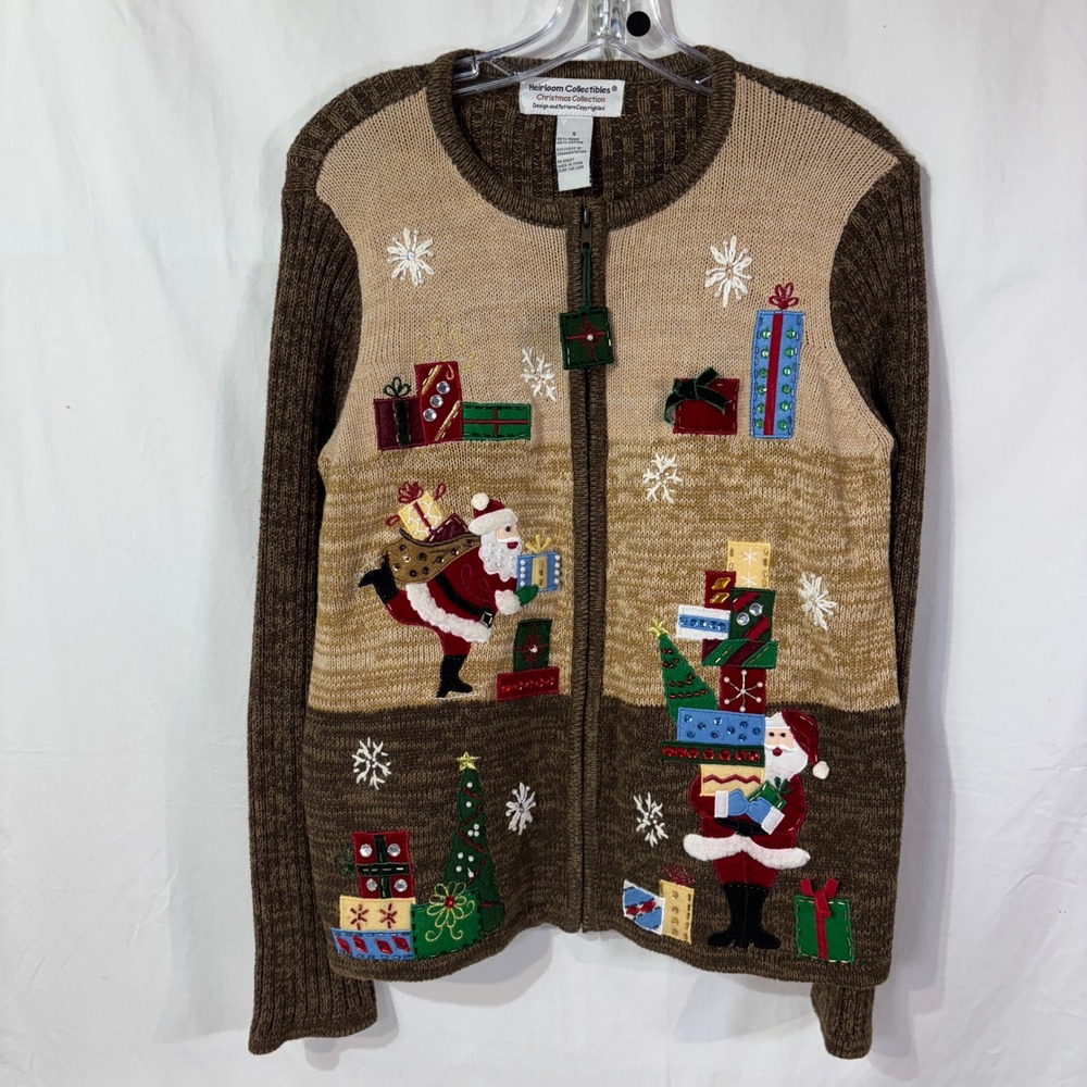 Vtg Heirloom Collectible Christmas Cardigan‎ Sweater Santa Embroidered Beads Zip